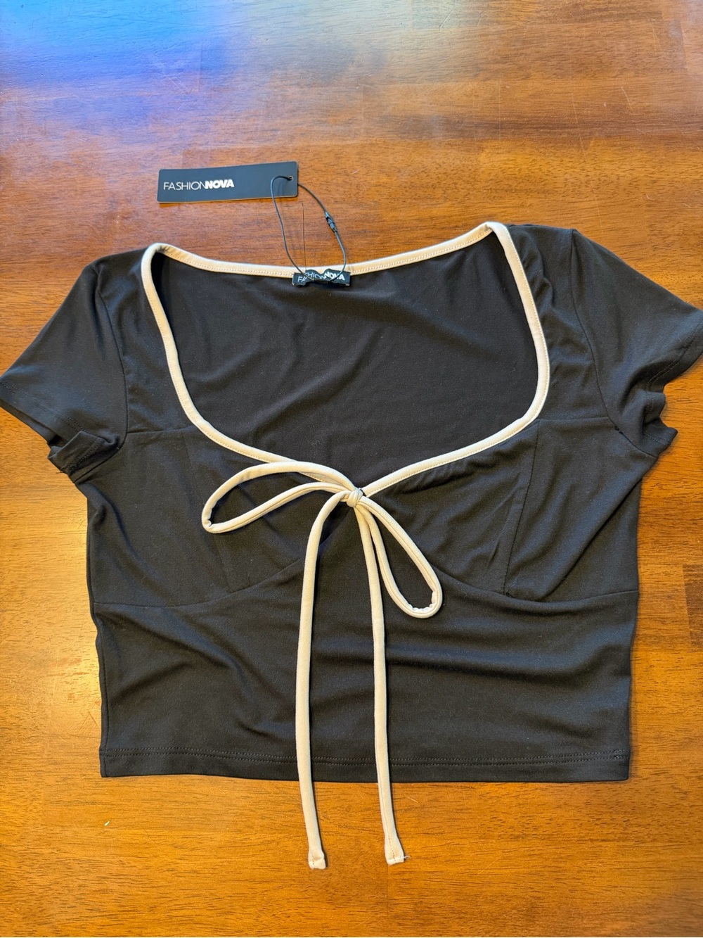 NWT Fashion Nova Black Crop Top with Beige Trim and Front Tie
